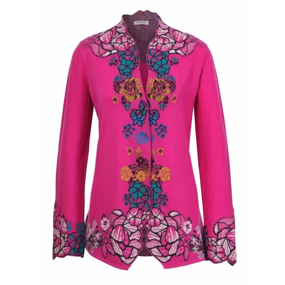 Ivko Cardigan Longer Sweater Size 36/S Superfine Merino Wool Floral Pink Fuchsia - Picture 2 of 16